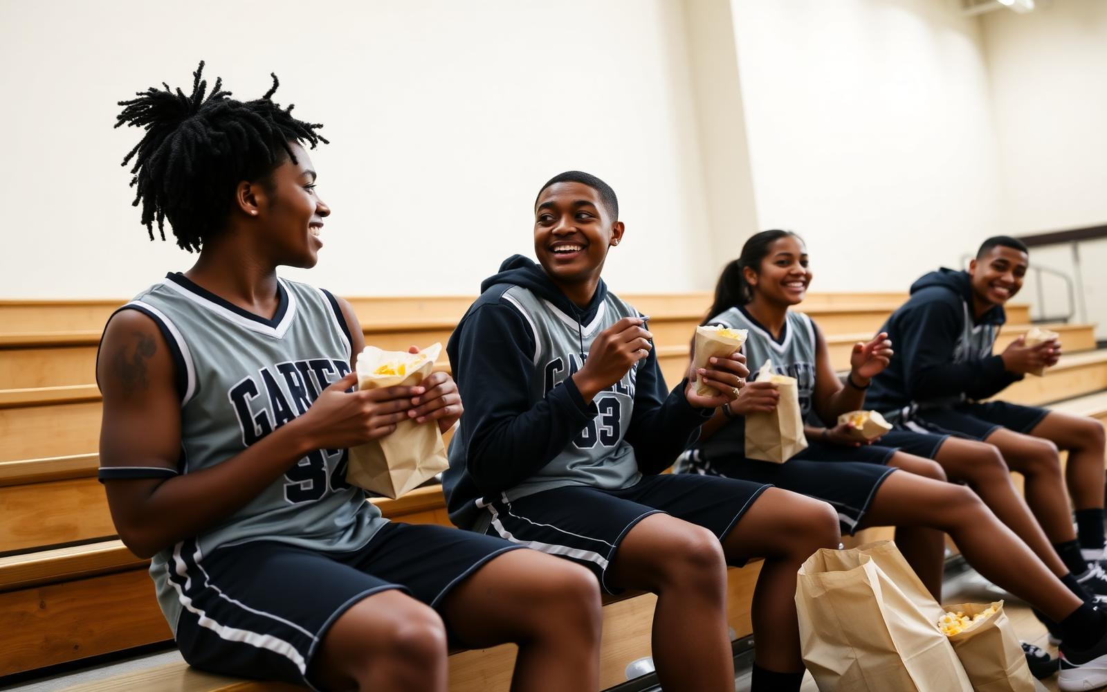 Student athletes on the bleachers sharing homemade snacks