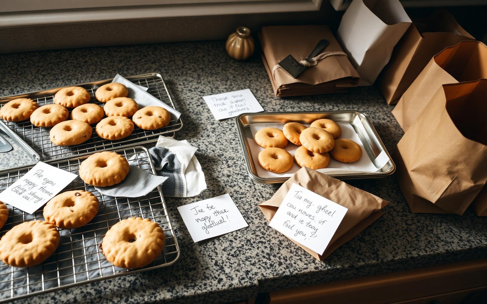 Homemade baked goods cooling beside handwritten notes